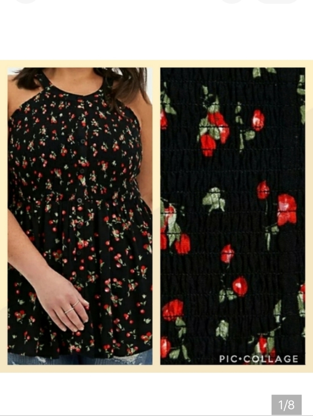 🆕🍒 2X BLACK CHERRY PRINT GAUZE SMOCKED HALTER